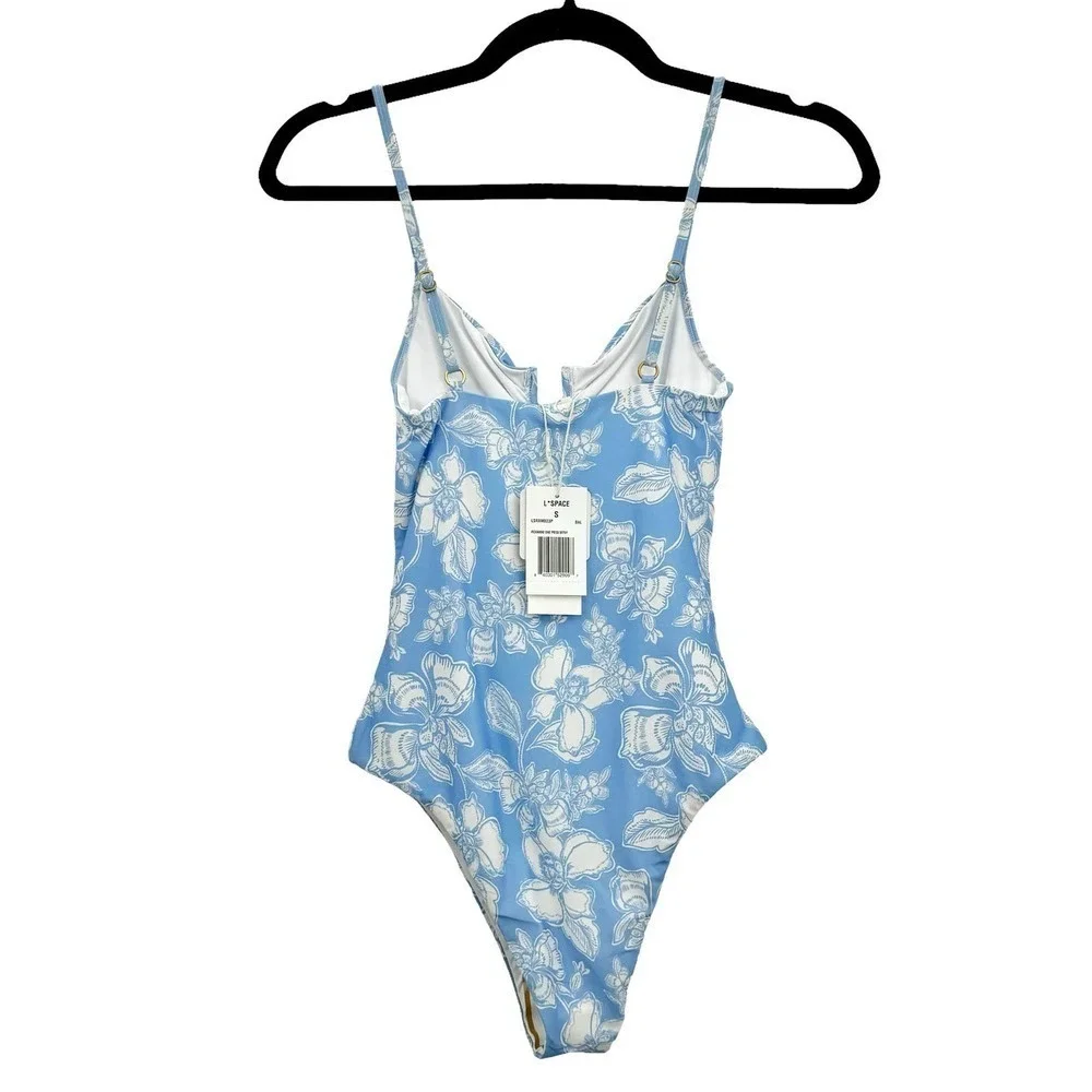 L*Space Roxanne Floral V Wire One Piece Swimsuit Blue White Size S NWT